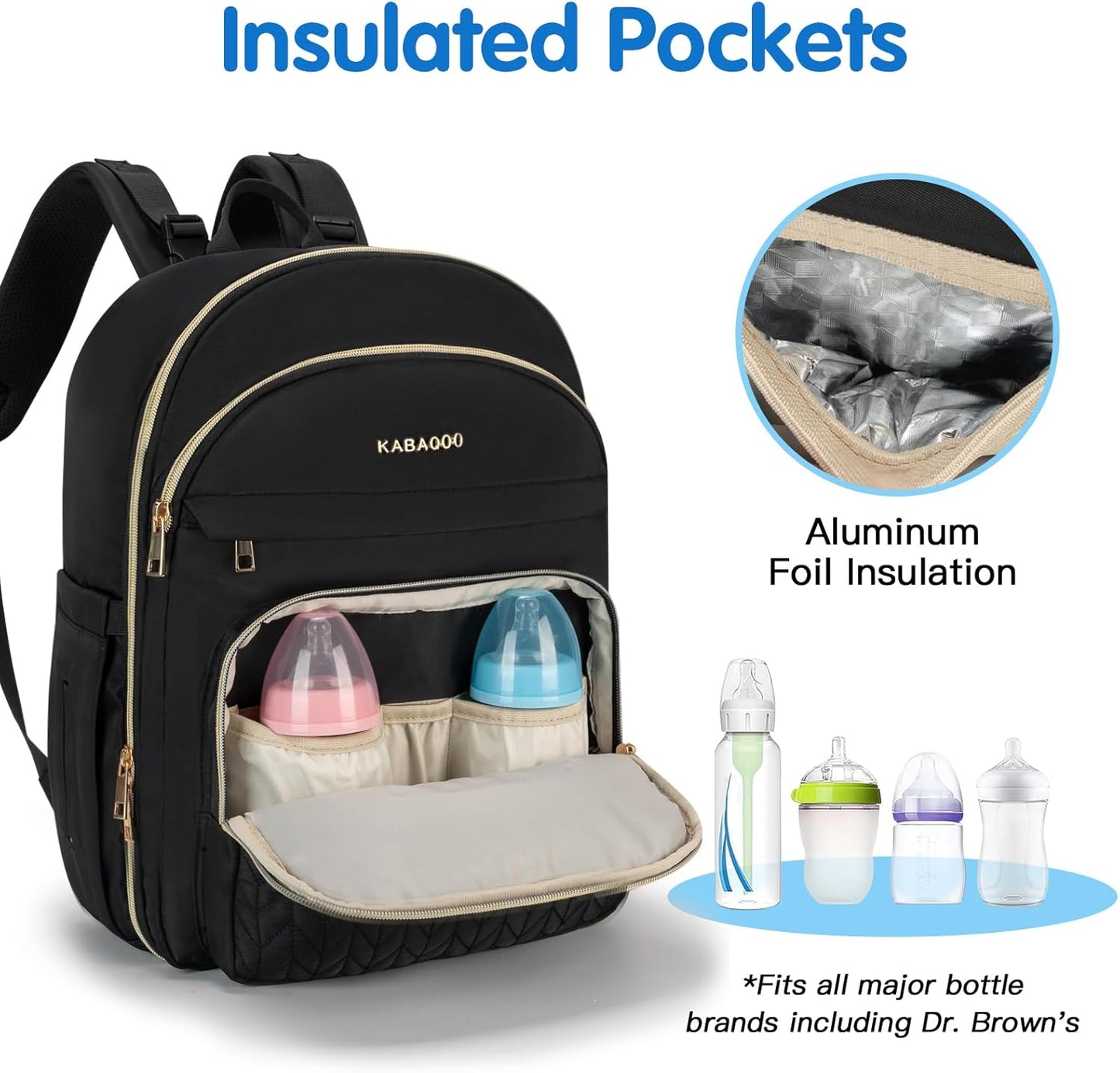 KABAQOO Baby Diaper Bag Backpack, Waterproof Diaper Backpack for Mom & Dad with Changing Pad, Insulated Pockets and Stroller Straps, Baby Shower Gifts for Girls & Boys, Black