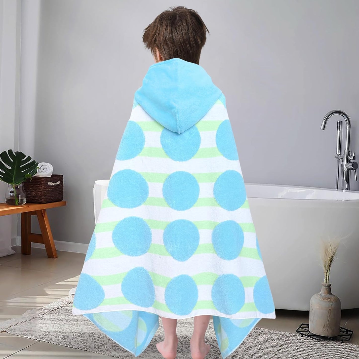 VOOVA & MOVAS Toddler Beach Towel (3-10Years), Absorbent Quick Dry Lightweight Towel Wrap with Hood for Pool | Swim | Bath, Blue Dot Strip