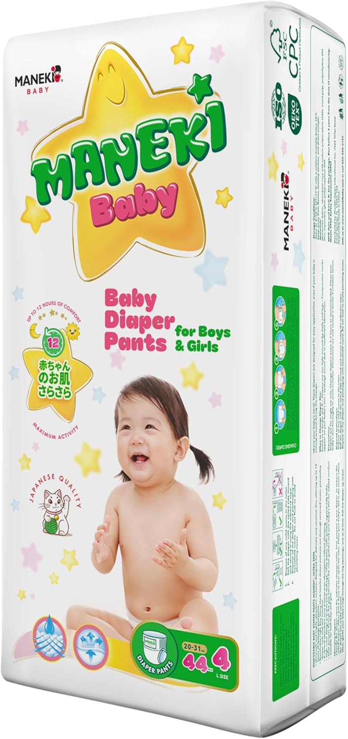 MANEKI Size 4 Diaper Pants, Overnites Size 4 (20-31 lbs), 44 Count, Pull-Ups Style, Sensitive Skin, Super Absorbent