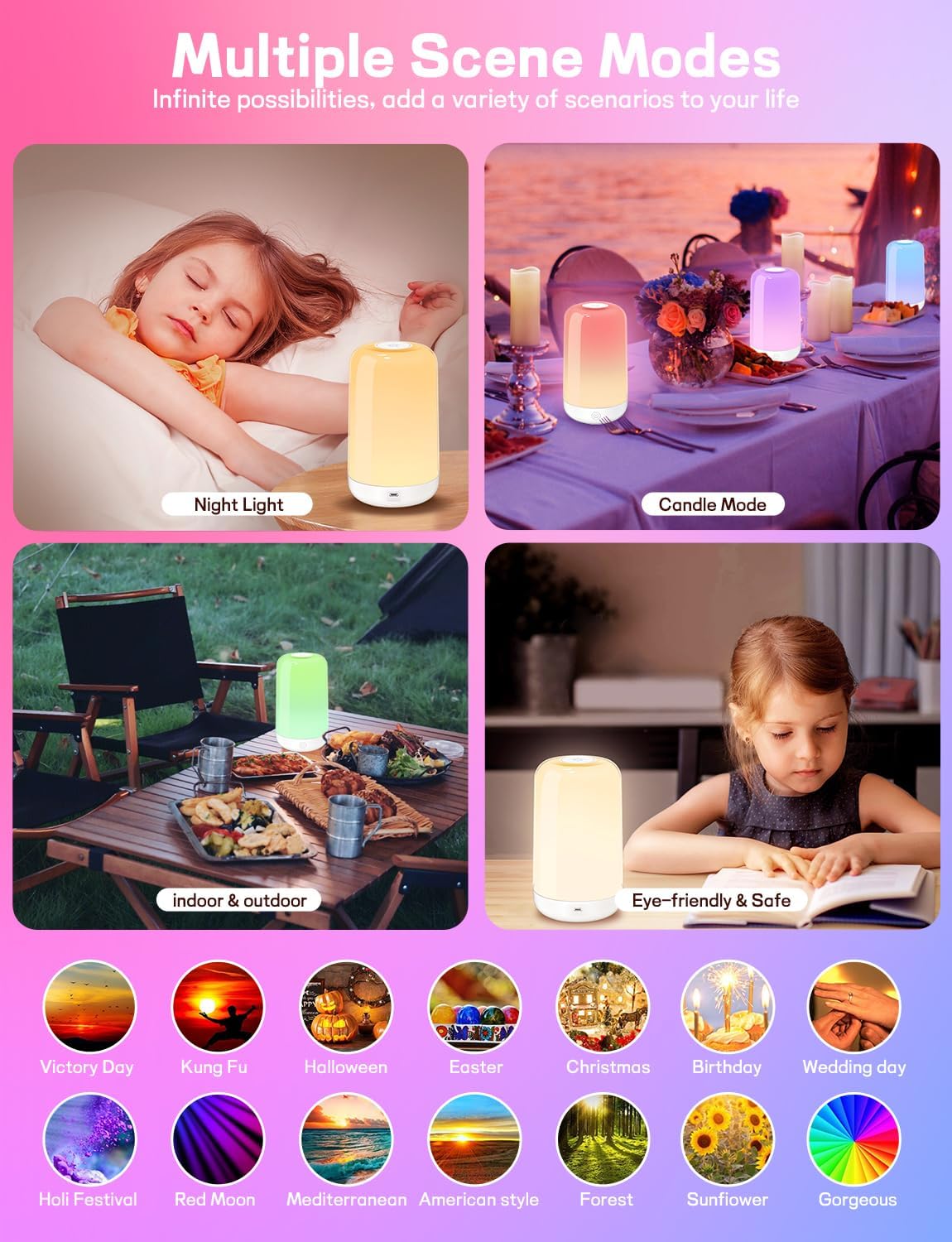 Smart Touch Bedside Table Lamp [Multi-Color & Warm Lights], 3600mA Cordless Small Table Lamp Rechargeable, 7 Colors & Fully Dimmable LED Night Lights for Bedroom Nightstand Nursery Living Room