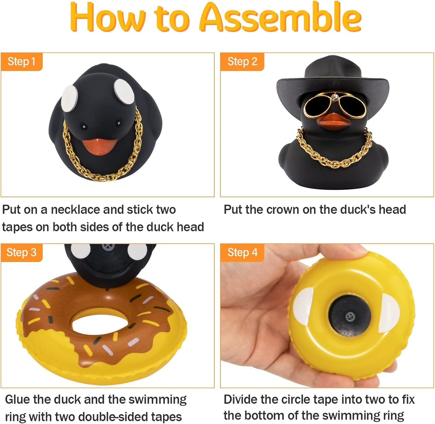 wonuu 2Pcs Car Dashboard Decorations Color Ducks, Rubber Duck for Car Ornament Accessories with Mini Hat Sunglasses Necklace and Swim Ring, A_Black Duck+Black Cowboy&Black Spots Cowboy