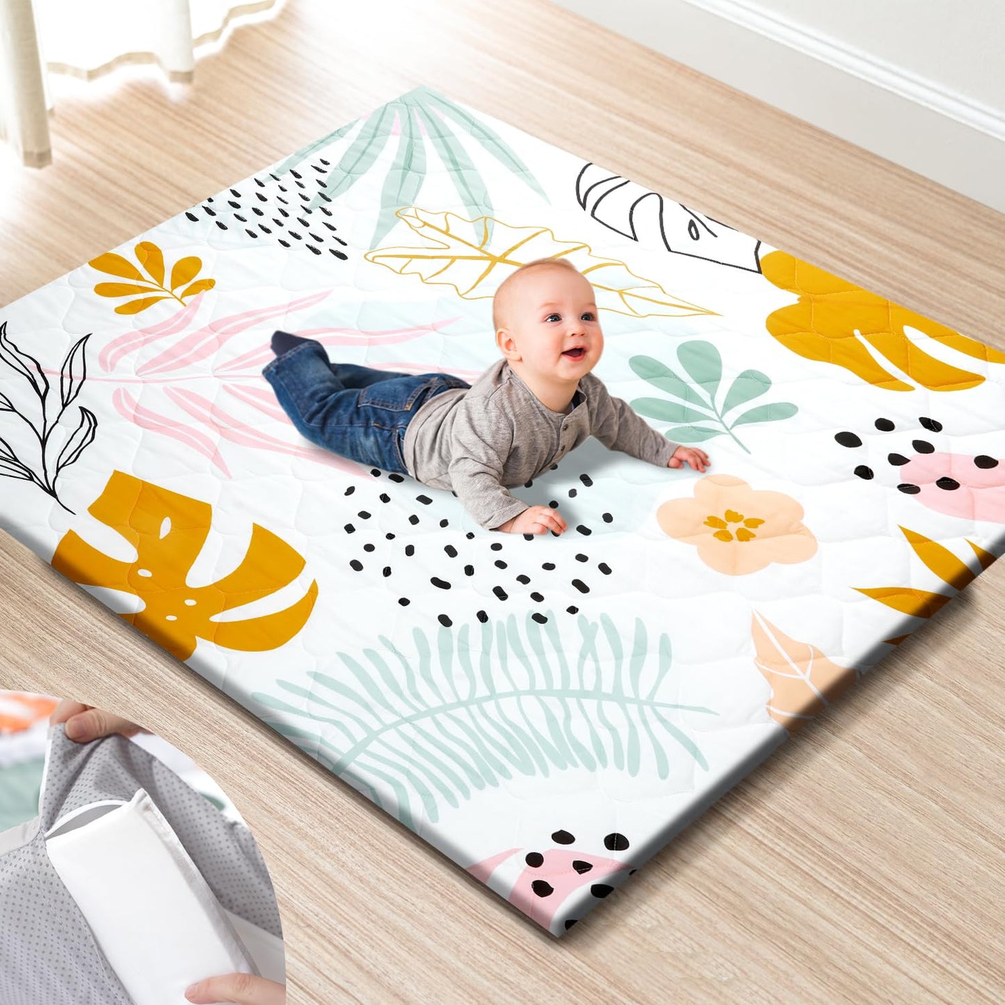 Premium Foam Baby Play Mat 47x47 – Removable & Machine Washable Cover, Extra Thick Padding Playpen Mat, Non-Slip Crawling Mat, Easy to Clean for Infants, Toddlers & Babies
