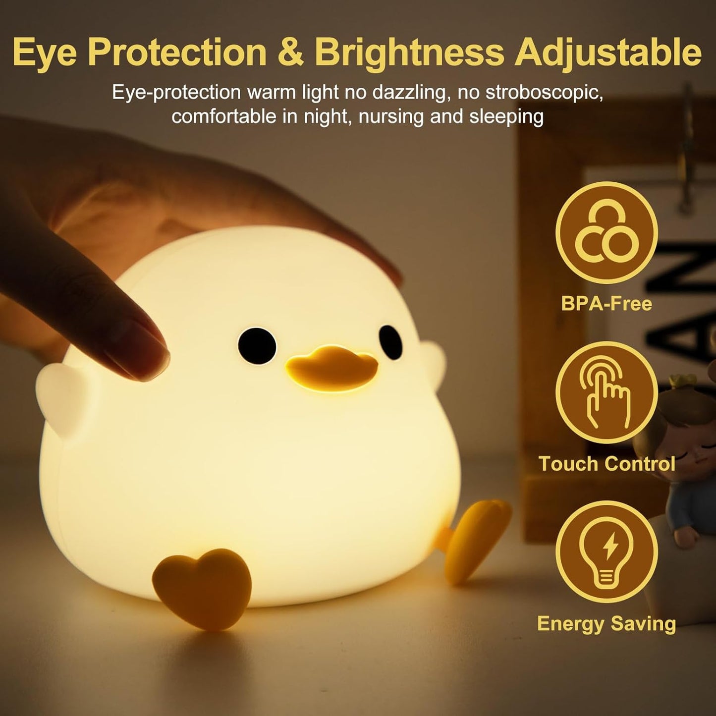 Cute Duck Night Light,Squishy Bean Shape DoDo Duck Lamp with Dimmable LED, Safe Silicone Nightlight for Nursery, Rechargeable Touch Lamp for Bedside Table,Ideal Gift for Children and Teens