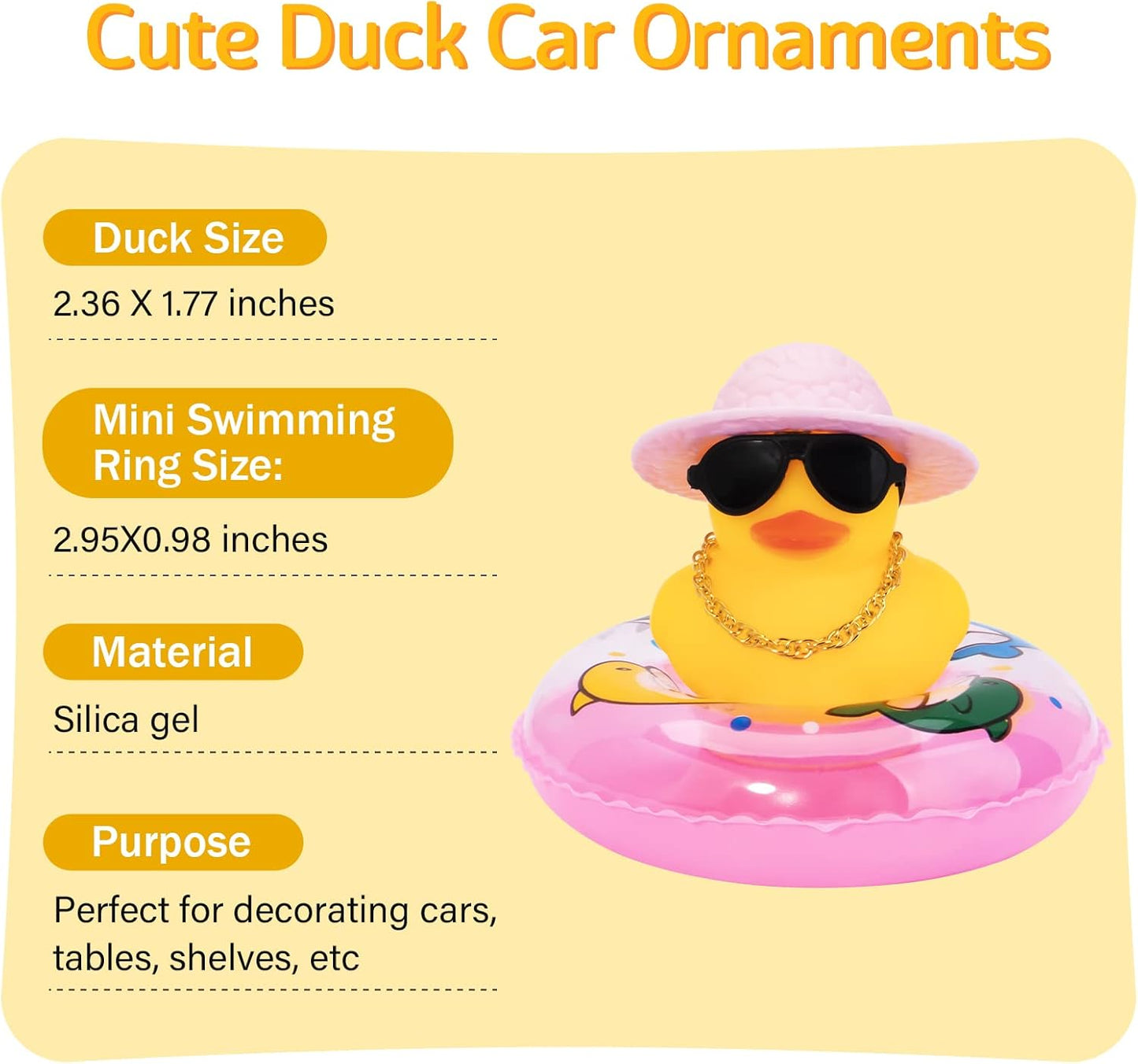 wonuu Car Rubber Duck, Yellow Duck Decoration Dashboard with Sun Hat Swim Ring Necklace Sunglasses for Car Dashboard Decorations