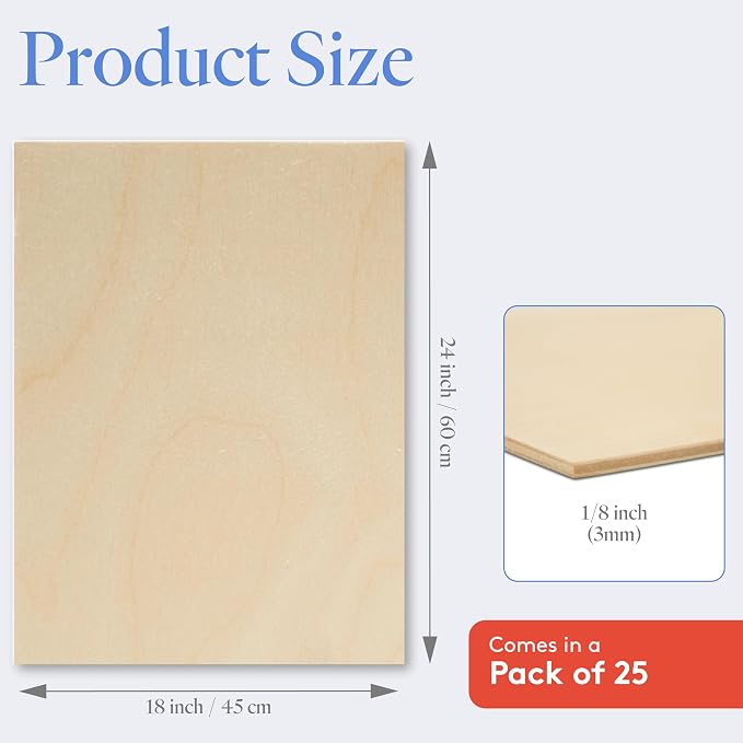 Baltic Birch Plywood, 3 mm 1/8 x 18 x 24 Inch Craft Wood, Box of 25 B/BB Grade