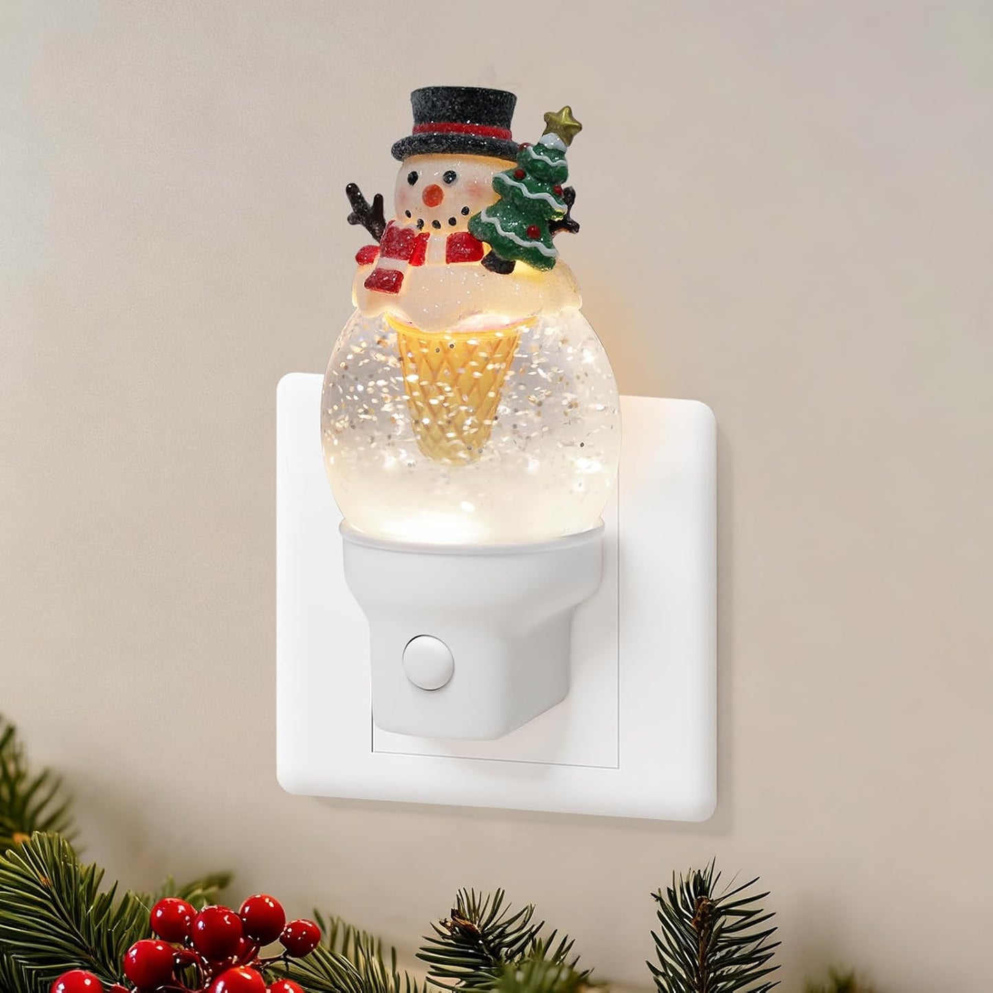 Christmas Night Light Plug into Wall Glitter Water Nightlight with USB/Outlet Options, Christmas Snowman Ice Cream Decorative Nightlight for Bedroom Holiday Decorations Gifts (Snowman Ice Cream)