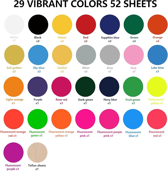 guangyintong HTV Heat Transfer Vinyl Bundle, 52 Pack 12" x 10" Iron on Vinyl