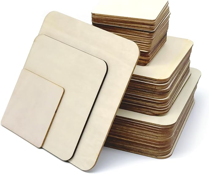 48 Piece Unfinished Blank Wood Sheets, 3 Different Size Wood Square Slices