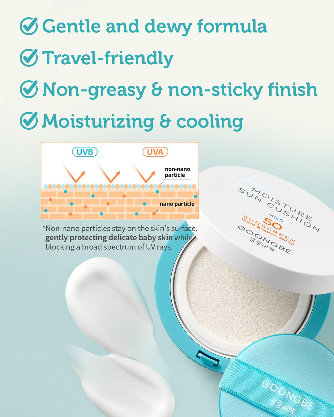 GOONGBE Sun Lotion SPF 40 & Moisture Sun Cushion SPF 50-100% Zinc Oxide Mineral Sunscreen - Vegan Reef-Safe for Babies Kids Adults - Korean Skincare, 2.82oz & Cushion 0.81oz