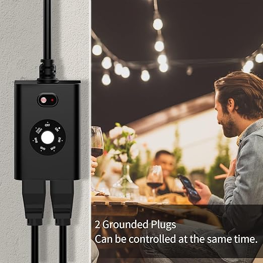 Minoston Outdoor Timer Outlet Waterproof with Remote, 2 Outlets Dusk to Dawn Plug, Light Sensor Countdown Timer 2 4 6 8 Hours 100Ft Remote Control Home Garden(MP42T)