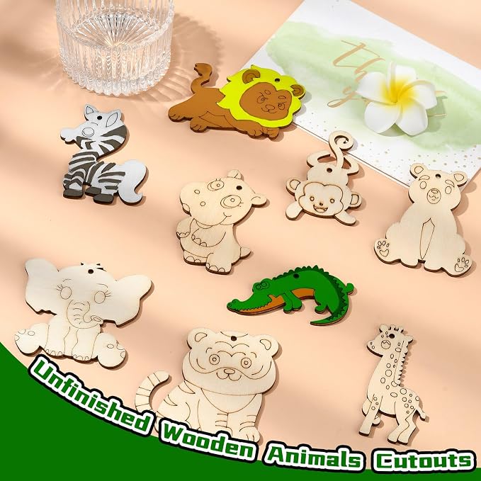 45 Pcs 9 Styles Unfinished Animal Wood Cutouts Cute Horse Lion Bear Wooden