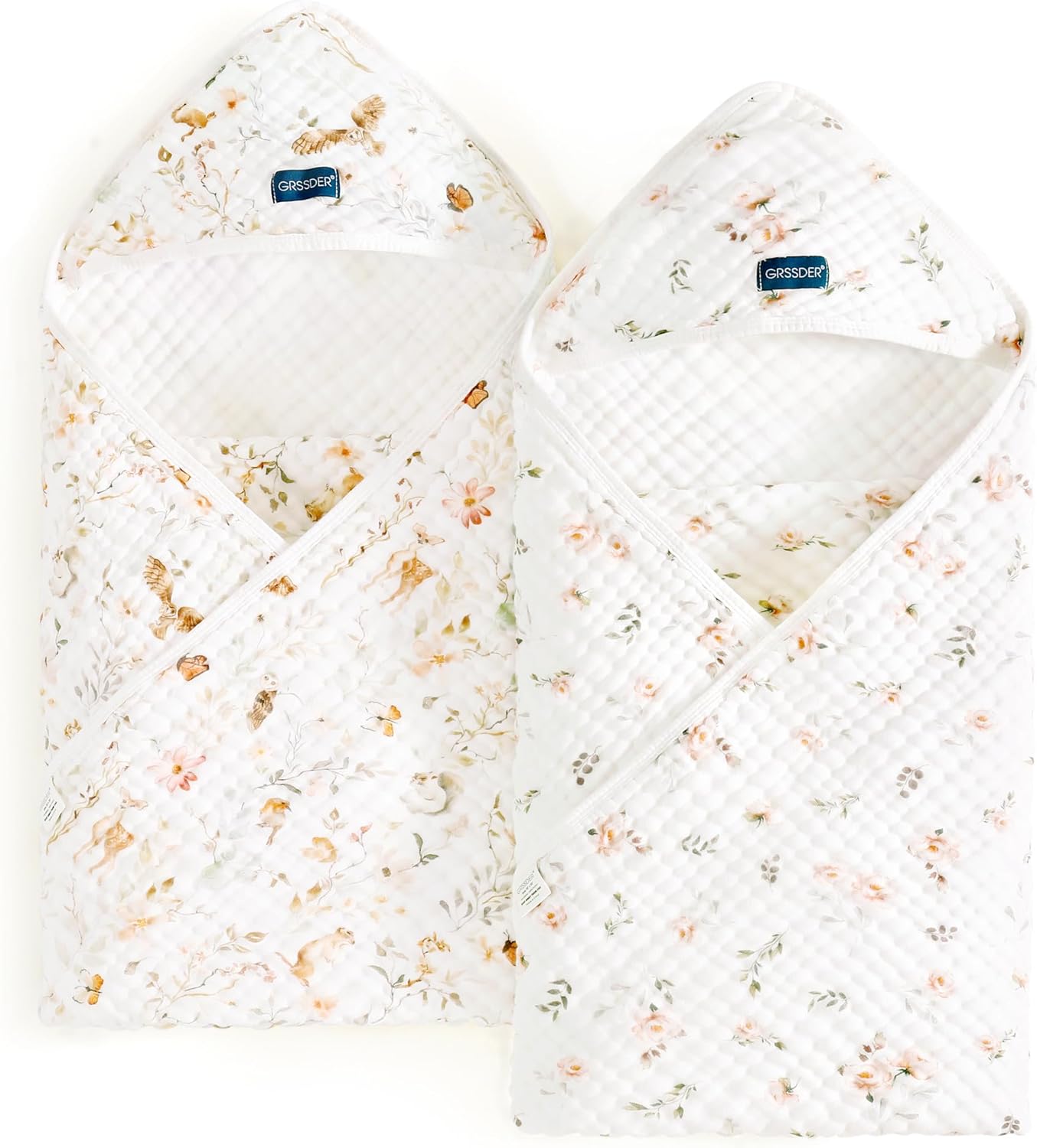 GRSSDER Ultra Soft Absorbent Muslin Cotton Baby Hooded Towel 2 Pack with Original Patterns, Extra Large Size 35"x 35" Swaddle Wrap for Newborn Infant and Toddler