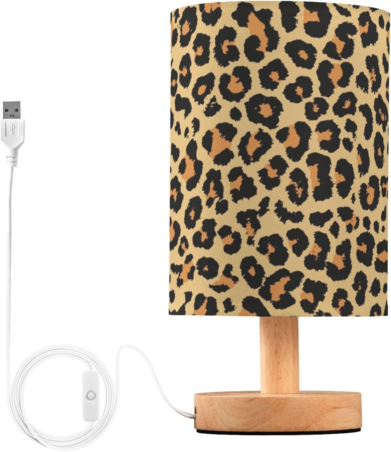 Table Lamp Leopard Print Wild Animal Skin Scale Design Pattern Nightstand Lamp with Wood Base Fabric Lamp Shade Bedside Desk Lamp for Living Room Bedroom Kids Room Office