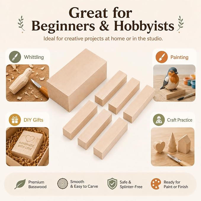7 Pcs Basswood Blocks, Whittling Wood Carving Kit