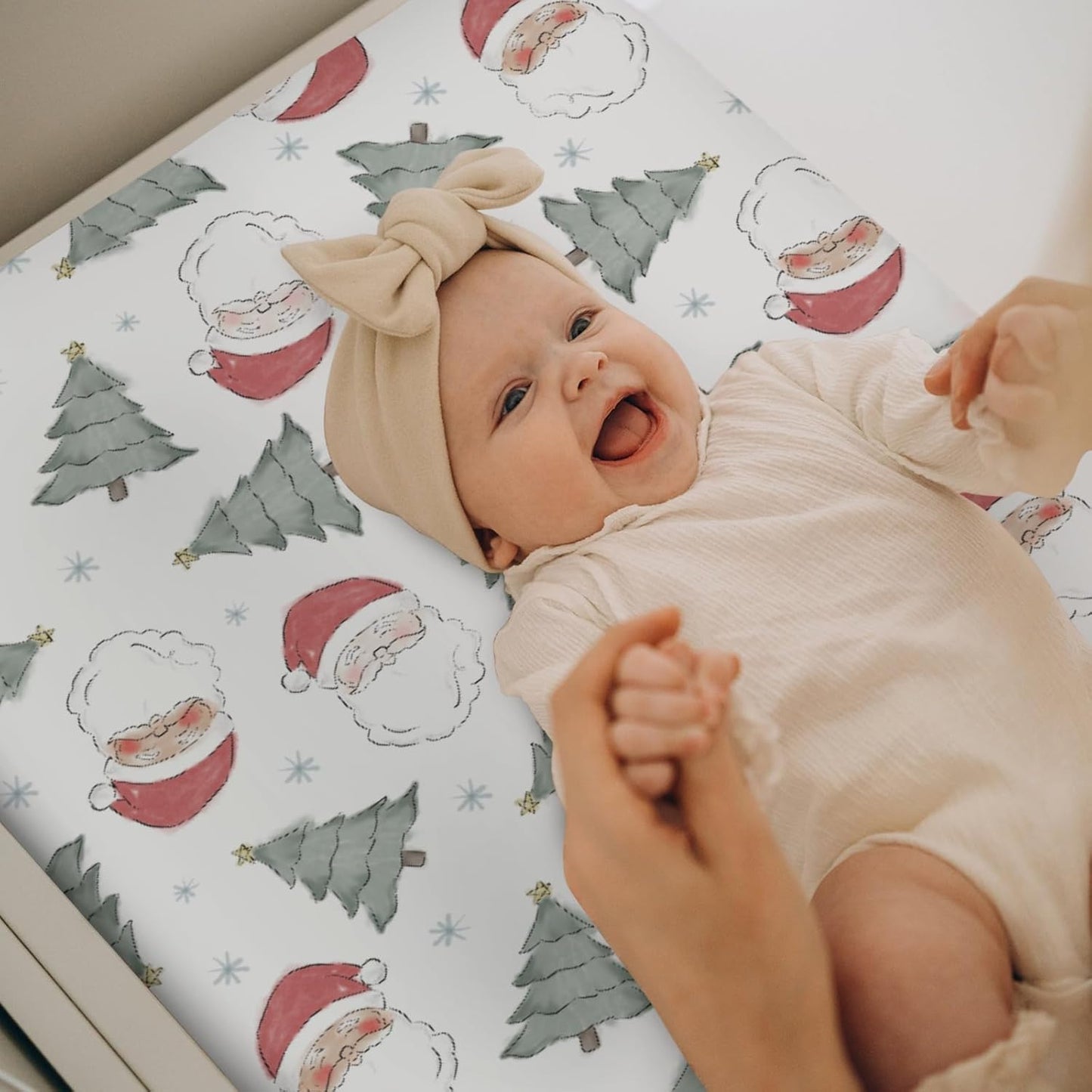 Pastel Santa Christmas Trees Baby Changing Pad Covers for Boy Girl Red Santa Claus Snowflakes Fitted Changing Table Cover Mats Winter Holiday Festive Soft Diaper Change Table Cover Sheets 32''×16''