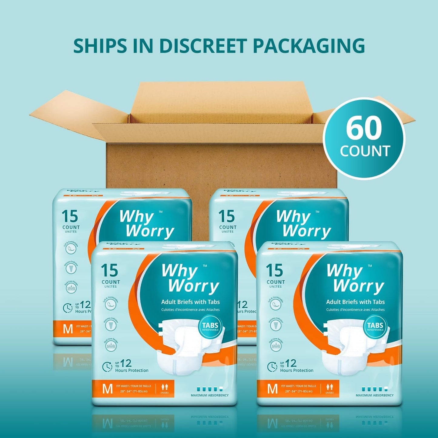 WhyWorry Adult Diapers with Tabs, Disposable Incontinence Briefs for Women & Men with Maximum Absorbency, Adult Briefs for Incontinence Overnight, Odor Control, Unisex, Medium, 60 Count (4 Pack of 15)