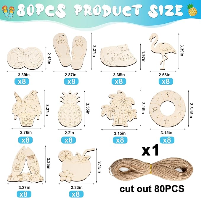 80PCS Unfinished Ornament Wood Crafts, Painting Blank Wooden Cutouts | DIY 10
