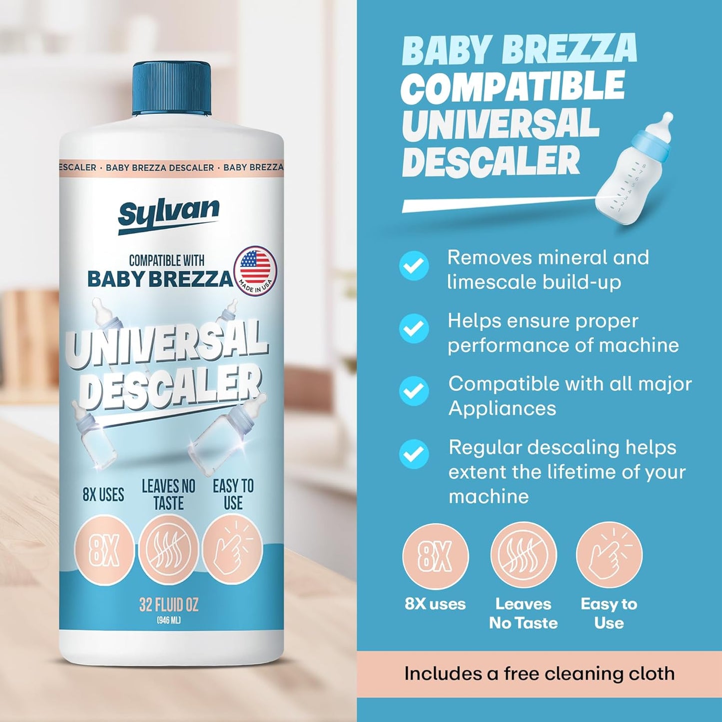 Descaler Compatible with Baby Brezza Machines | 32 Oz | 12 Month Supply | US Made | Free Cleaning Cloth | Descaling Solution Compatible with Baby Appliances | Cleans & Descales