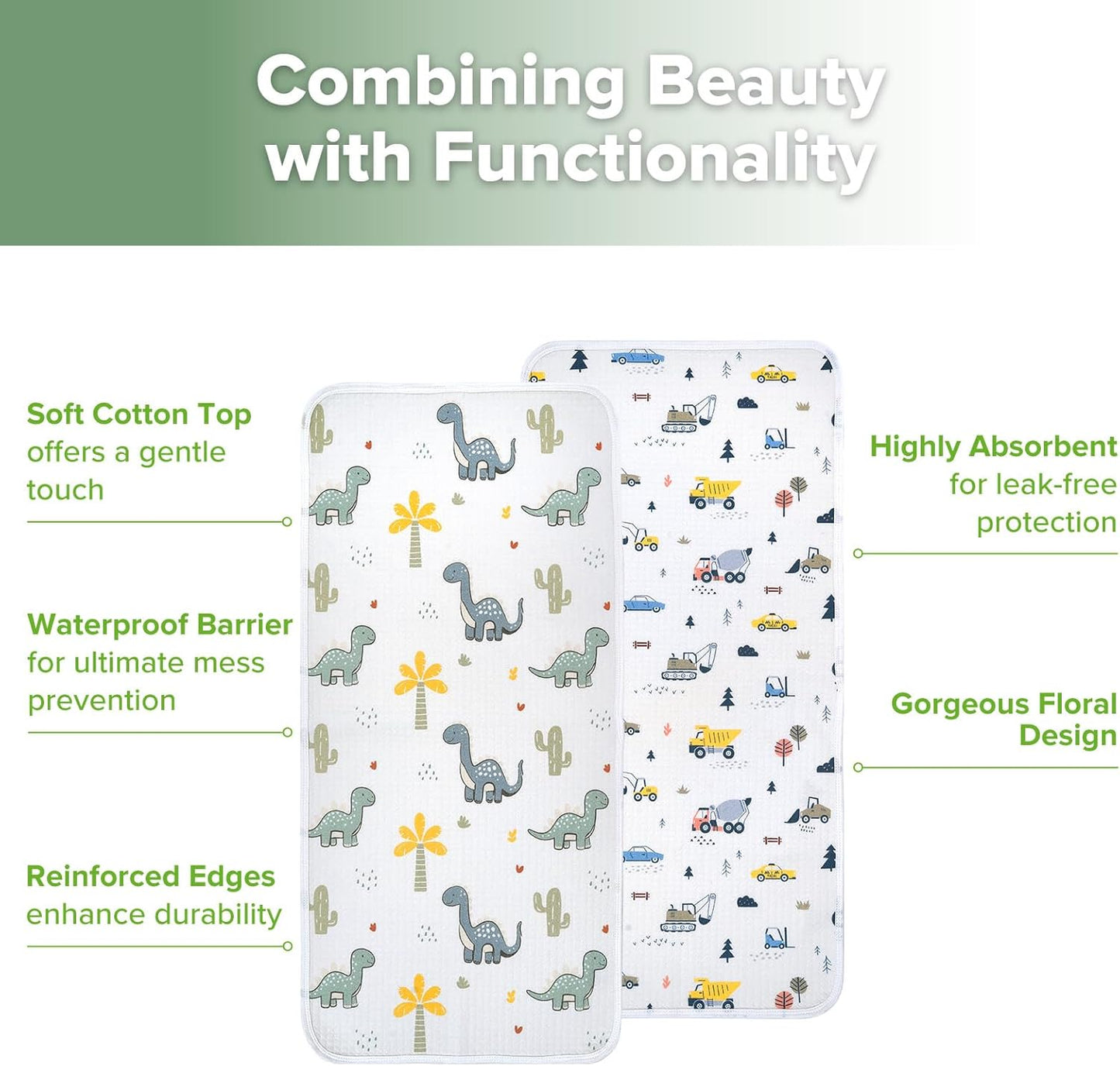 haakaa Waterproof Changing Pad Liners, 100% Cotton, Soft & Breathable (2pcs, 13" x 27.5" Construction Crew+Dino Land)