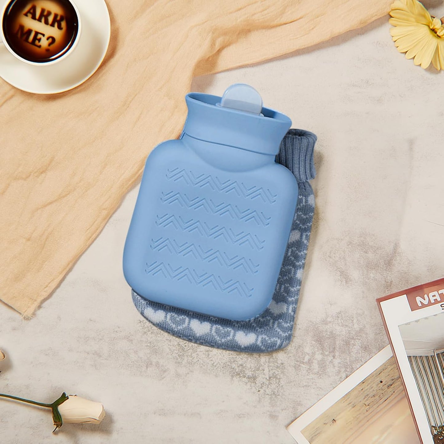 Amylove Mini Hot Water Bottle 320ml for Hot & Cold Compress with Cover Silicone Microwave Heating Small Water Bag for Travel Pain Relief Holiday Gifts(Stone Blue)