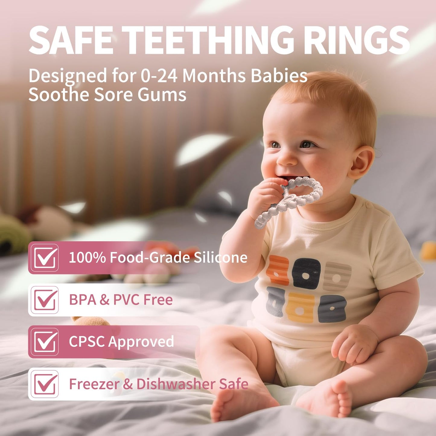 Teething Rings for Babies 0-6 Months, 3 Pack Silicone Teether Toys 6-12 Months, Freezable & Durable Chew Ring for 3-6 Months Boys Girls Teething Relief, Infant Essential Gifts (Sandy Rose Pink)