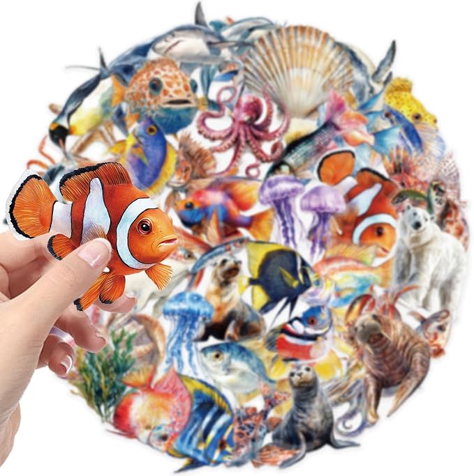 50Pcs Cartoon Marine Life Stickers Waterproof PET Water Bottle Decal Marine