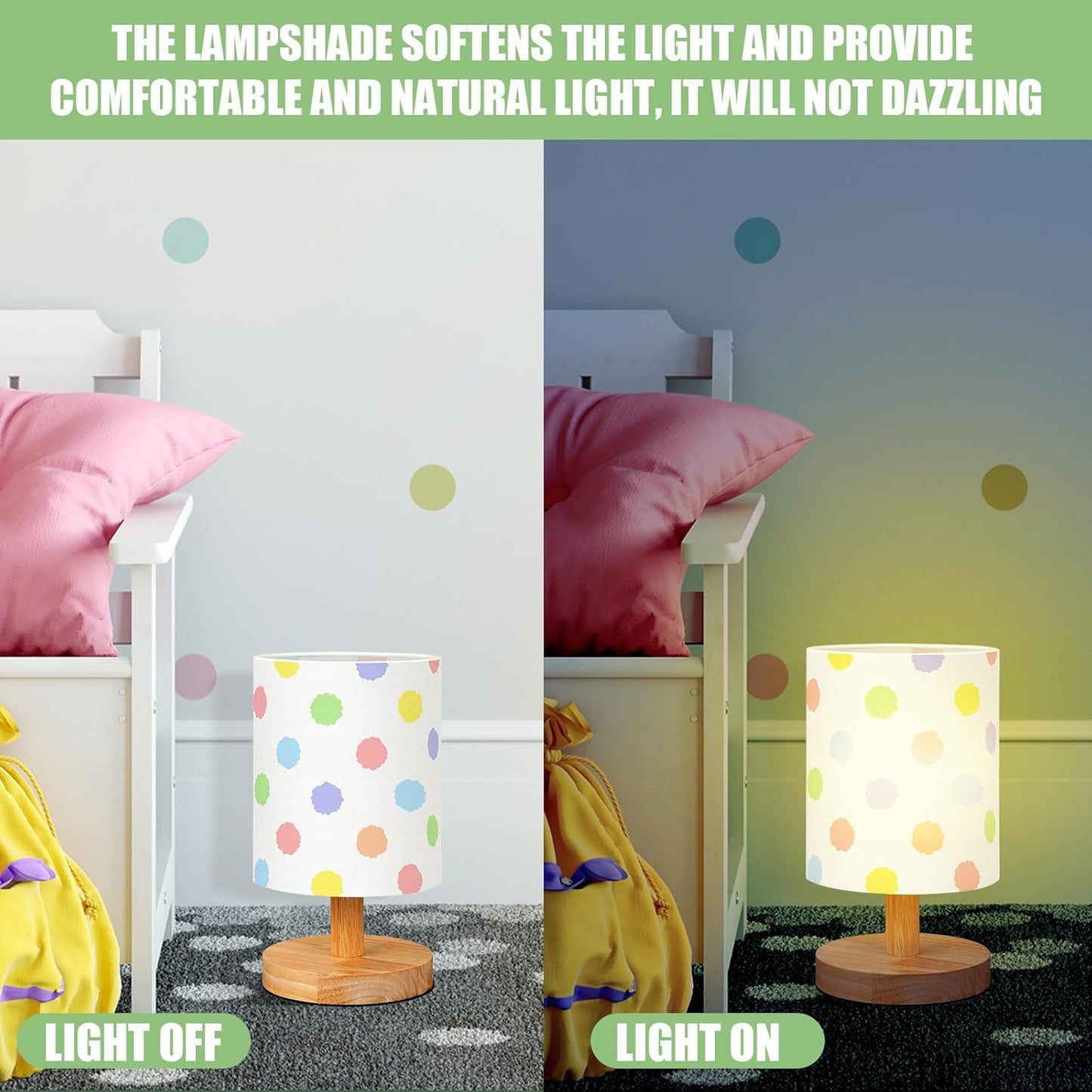VIHOSE Polka Dot Kids Table Lamp for Bedroom Kids Bedside Lamp with Linen Wooden Nightstand Cartoon Nursery Lampshade for Girls Boys Living Room
