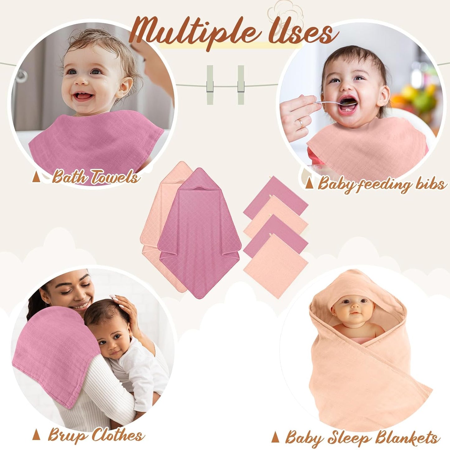 Preboun 6 Pcs Muslin Hooded Baby Towels and Washcloths 32"x 32" Cotton Newborn Bath Towel Anti-Shrink Infant Baby Blankets with Hood 12"x 12" Washcloths for Girl Boy Toddler(Pink,Dark Purple)