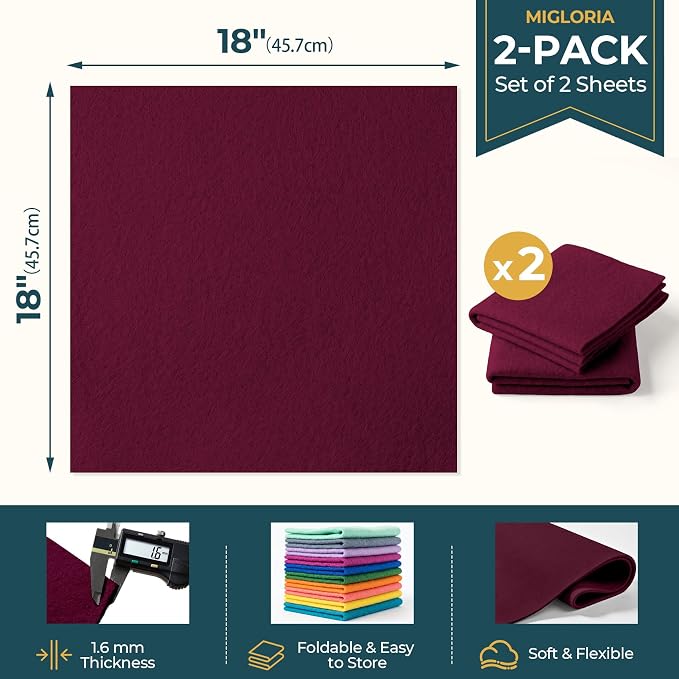 Felt Fabric Sheet 18 x 18 Inch, 1.6mm Thick | Soft and Flexible Nonwoven