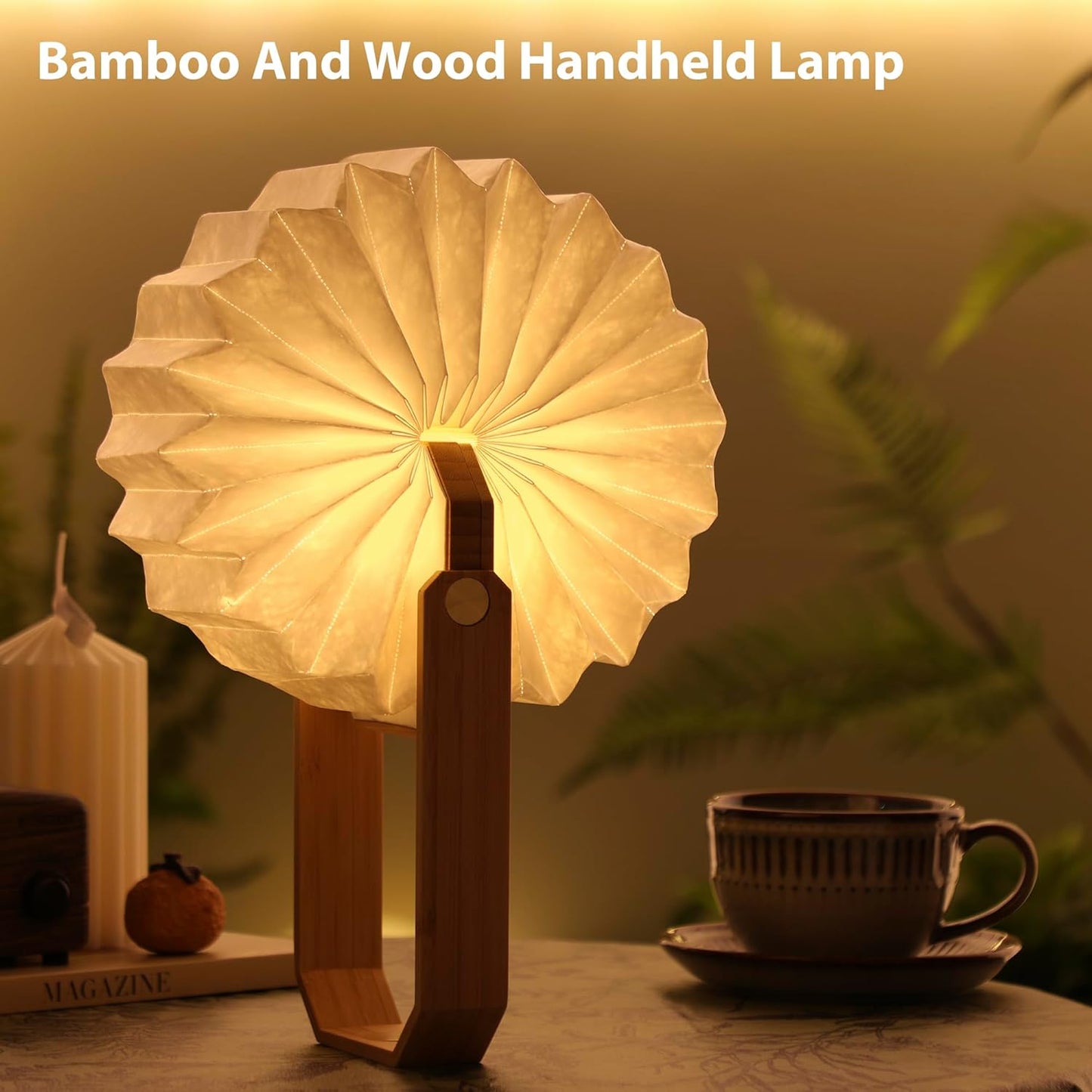 Portable Bamboo Lamp - Foldable Japanese Lantern with USB Charging, Waterproof Tear-Resistant Fiber Paper Shade, Accordion Travel Light for Home Decor Camping Gift