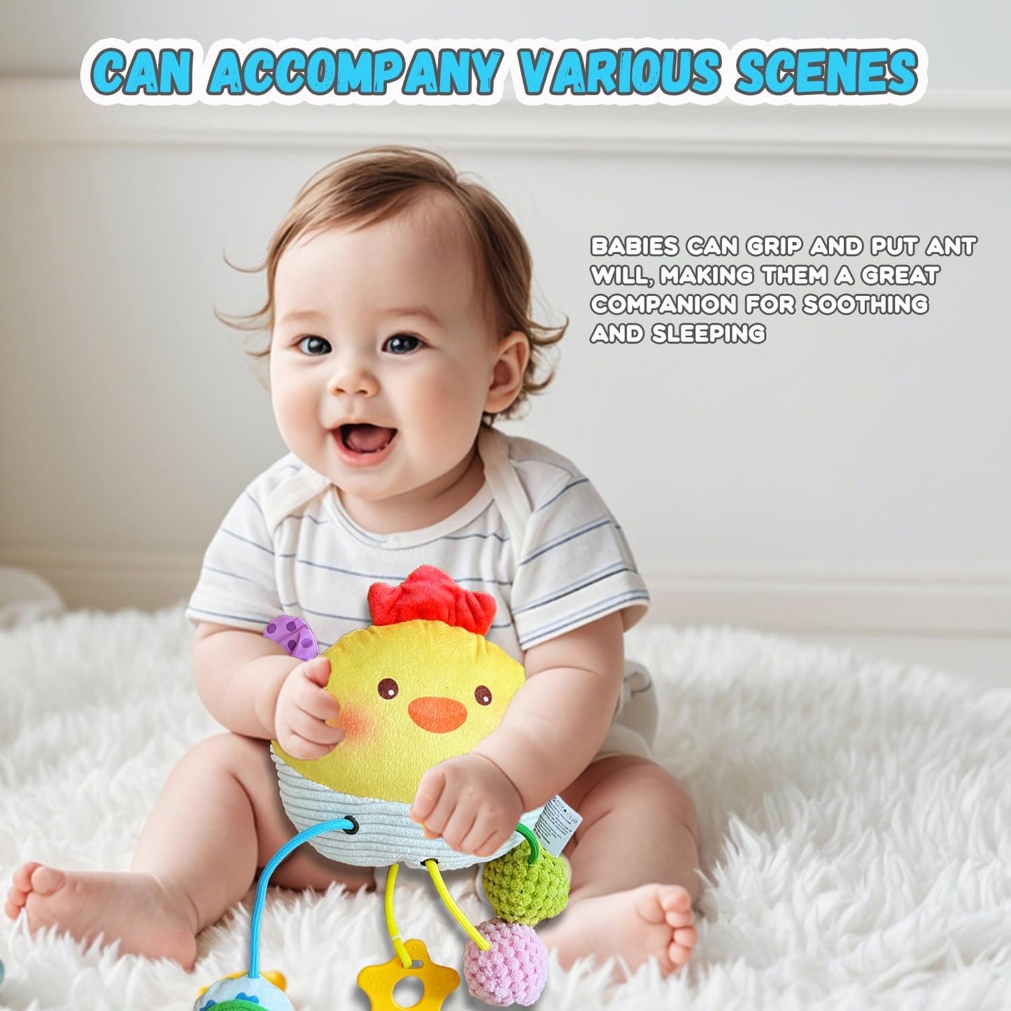 Baby Toys for 3 6 9 12 Months, Bassinet Toys for Infant & Toddlers, Crib Stroller Hanging Doll for Stimulating Baby’s Senses and Developing Motor Skills (Chick)
