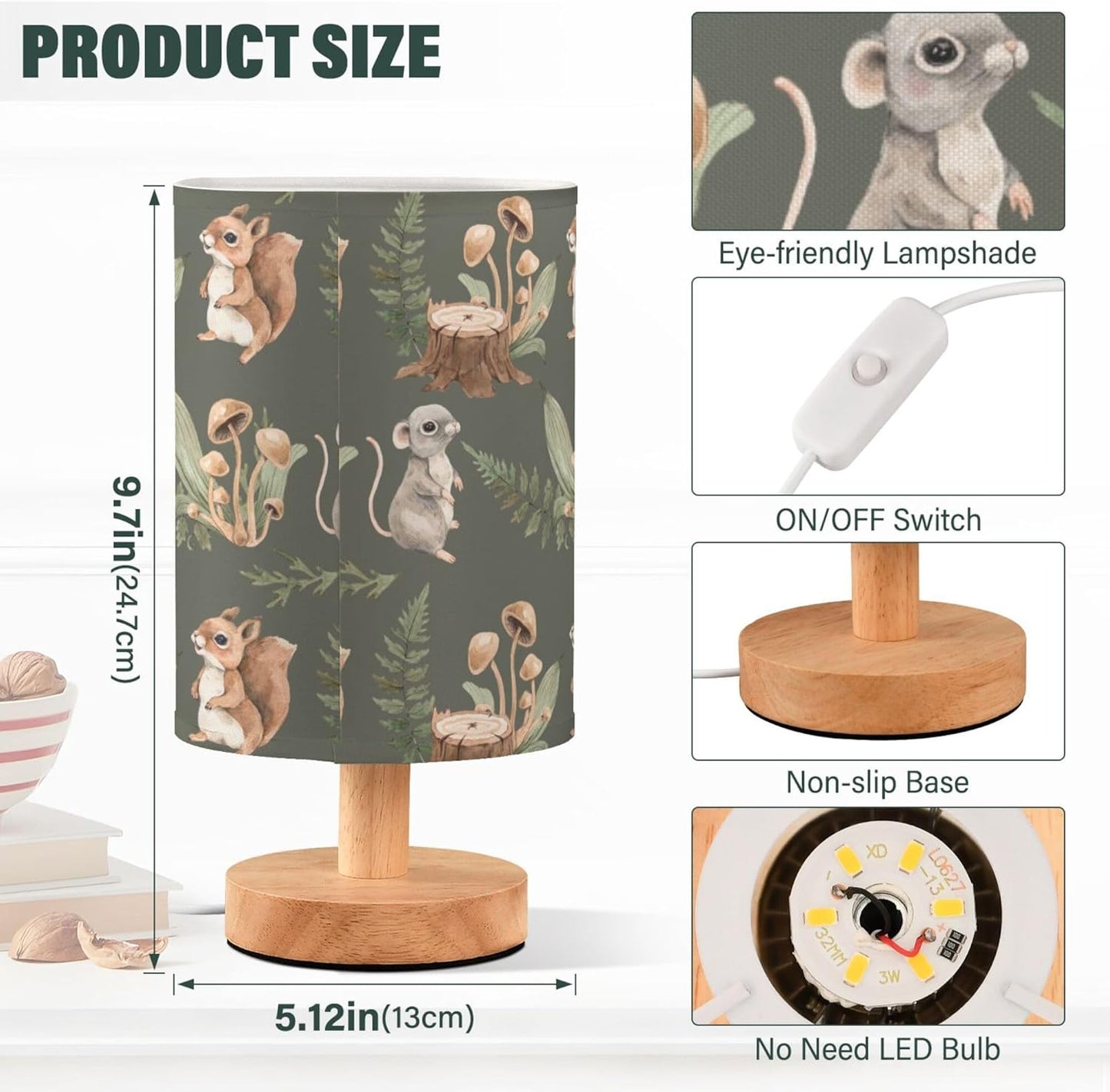 Table Lamp with Squirrel Mouse Stump Fern Mushroom Forest Animal Pattern - Wood Base Fabric Shade Nightstand for Living Room Bedroom Kids Room Office