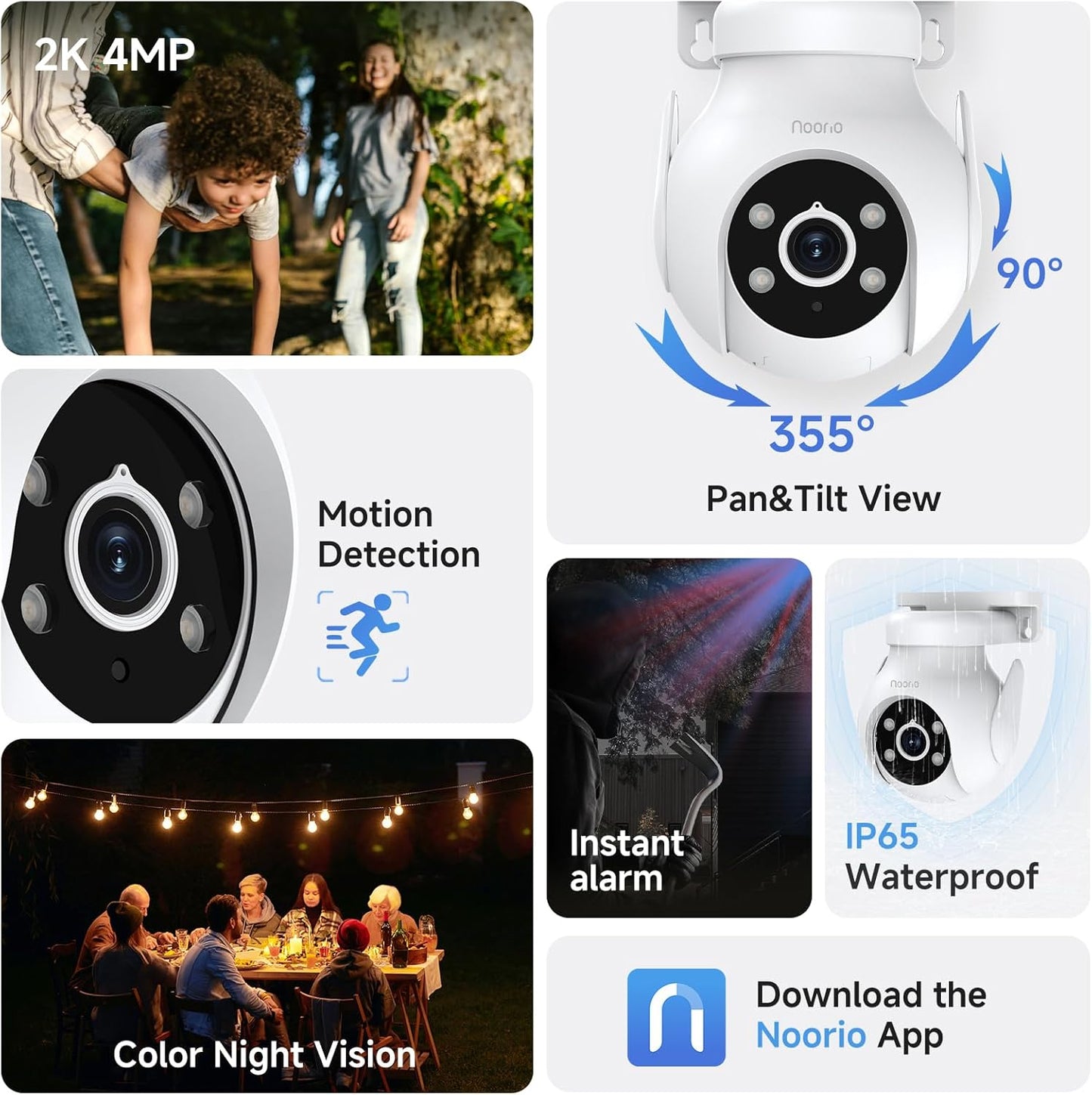 Noorio 2K Security Camera Outdoor 360° Pan/Tilt, Two Way Talk Wired Outdoor Camera for Home Surveillance, 24/7 Recording, Color Night Vision, Cloud & SD Card Storage, Compatible with Alexa, 2.4G WiFi