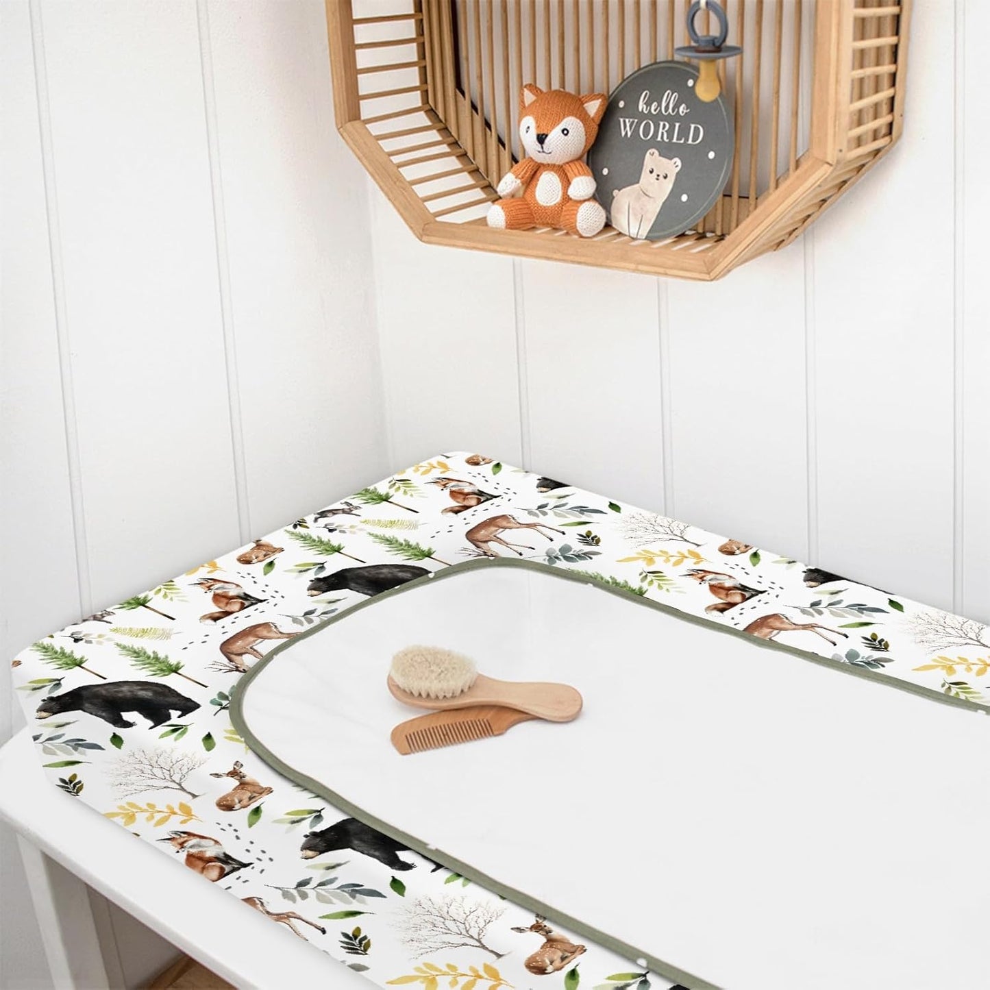 HawSkgFub Animals Pine Tree Changing Pad Cover for Baby Girl Boy, Natural Forest Bear Deer Fox Diaper Change Table Covers, Soft Stretchy Safe Snug Fitted Changing Mat Sheets Fit 32"/34" x 16"