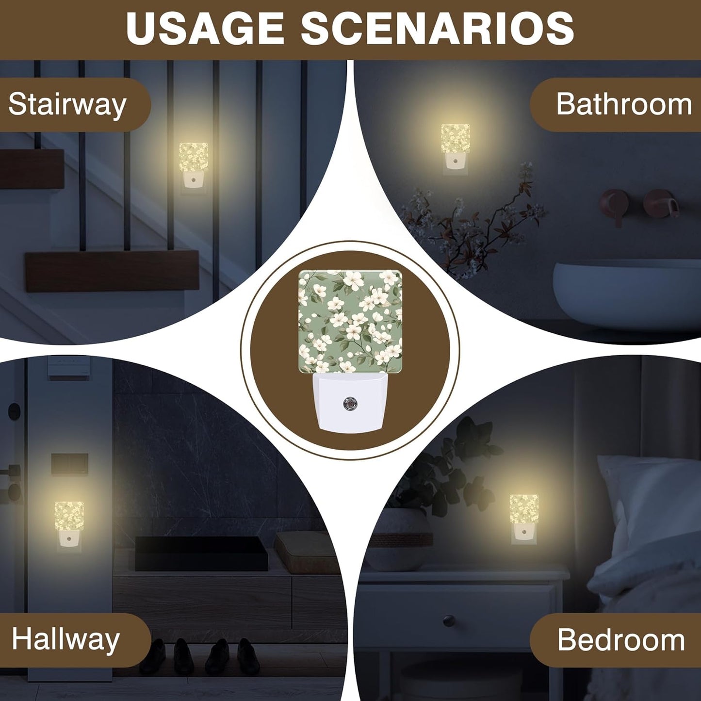 Night Light White and Green Flowers Night Lights Plug into Wall Smart Dusk to Dawn Sensor 0.5W Energy Efficient Led Lamp for Men Women Bedroom Bathroom Hallway Stairway Decor