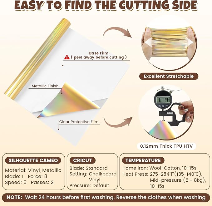 Holographic Gold Metallic Foil Heat Transfer Vinyl, Chrome HTV Easy to Cut &