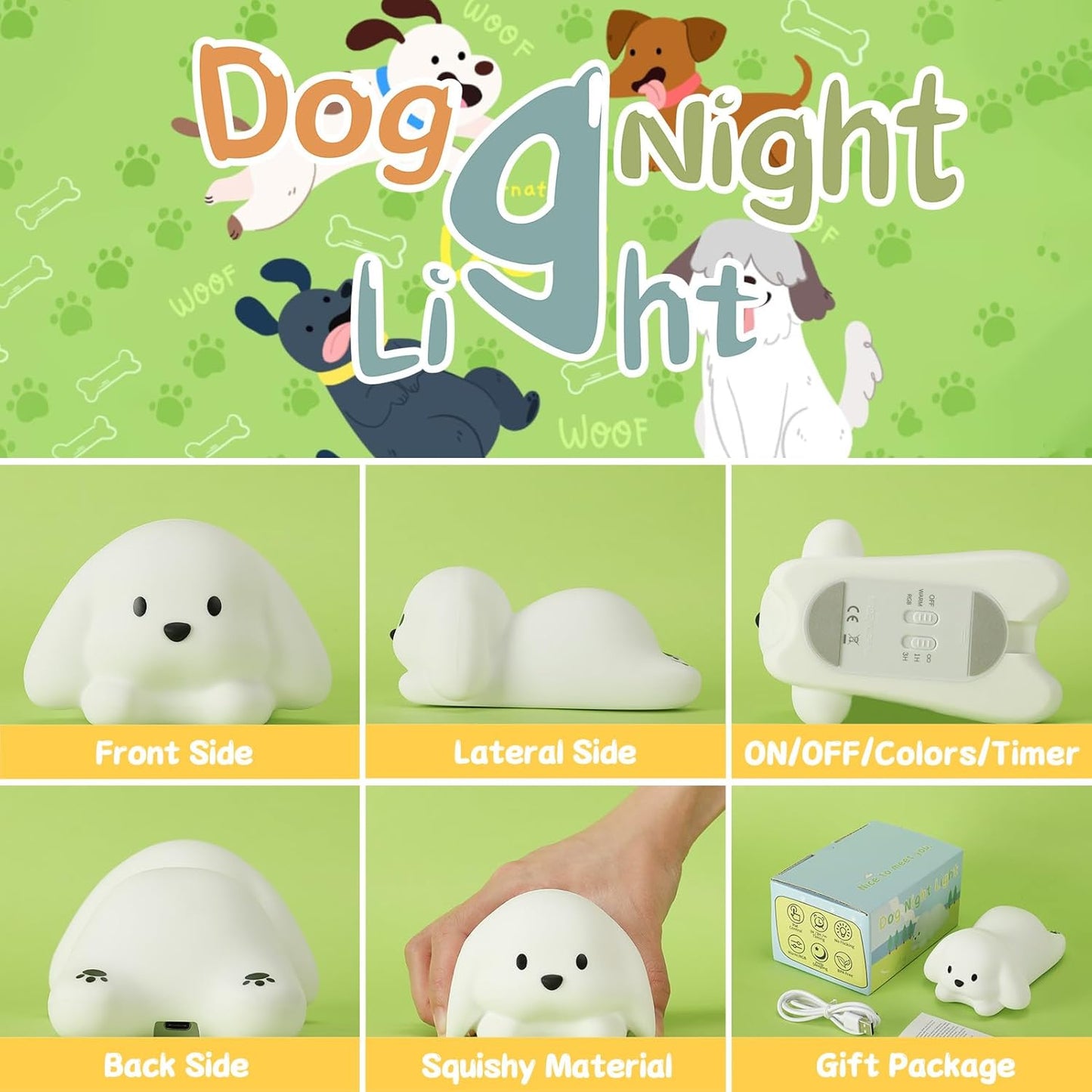 Tremdwoto Dog Night Light for Kids,Cute 7 Colorful Night Light Baby Girl Squishy Night Lights Lamp 1/3 Hour Timer Puppy Light Dimmable Nursery Nightlight，Kawaii Bedroom Decor,Gift for Boys and Girls