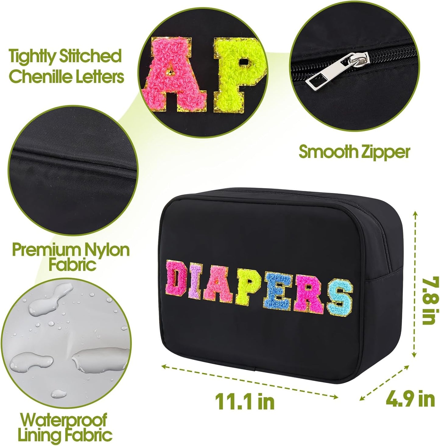 Portable Small Diaper Bag, Chenille Letter Diaper Caddy Organizer Pouch Newborn Baby Essentials Must Haves for Nursery Changing Table, Black Waterproof Diaper Pail Baby Shower Gifts for Mom To Be