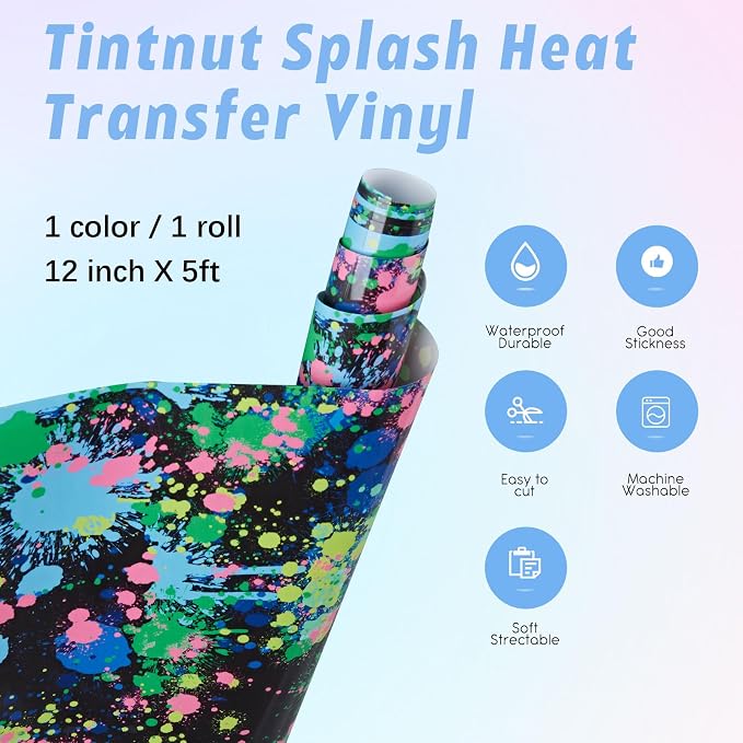 Tintnut Blue Green Splash Heat Transfer Vinyl Roll, stretch washable, works