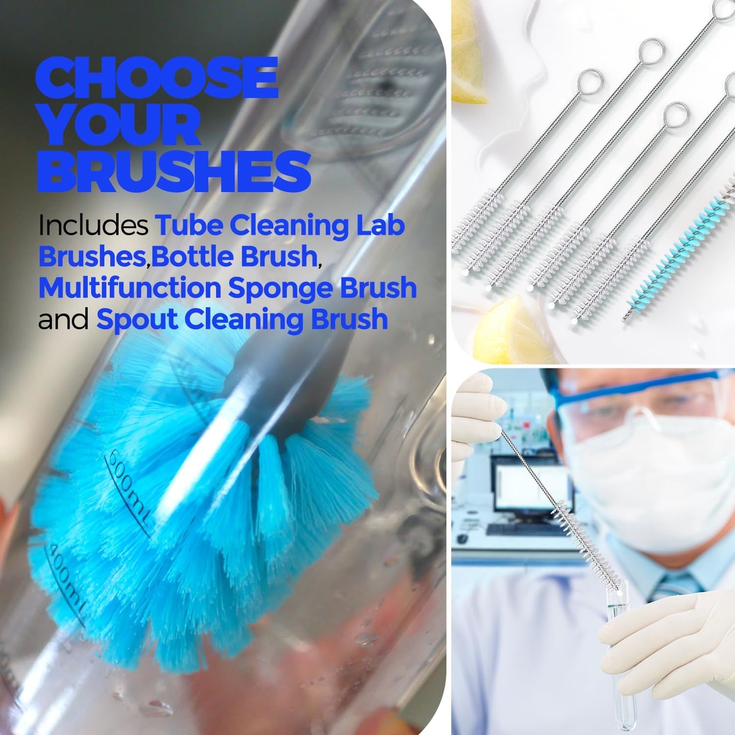 Holikme Bottle Brush Tube Cleaning Lab Set with Long Handle, Cup Cleaner for Washing Narrow Neck Beer Wine Decanter Pipes Lids Sinks Cap Covers, Green