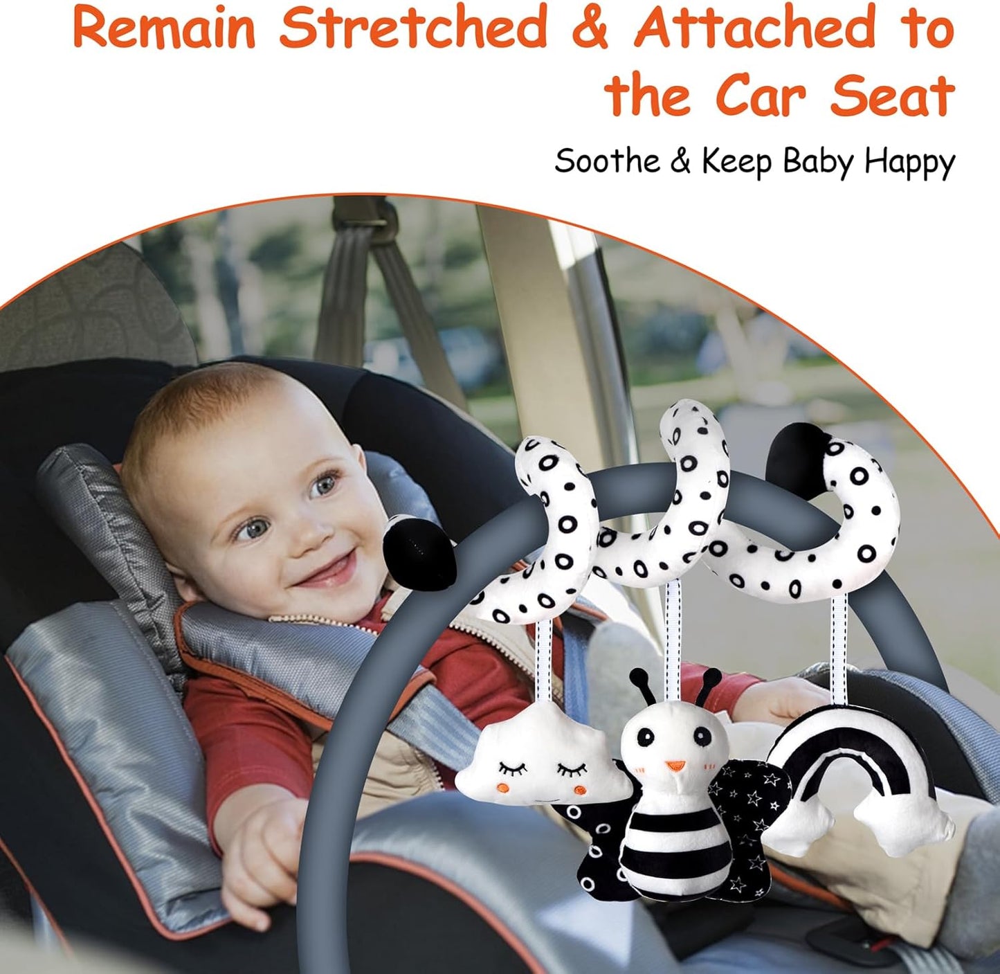 Car Seat Toys, Infant Baby Spiral Activity Hanging Toys Stroller Toys for Car Seat Stroller Bar Crib Bassinet Mobile with BB Squeaker and Rattles (Bee)