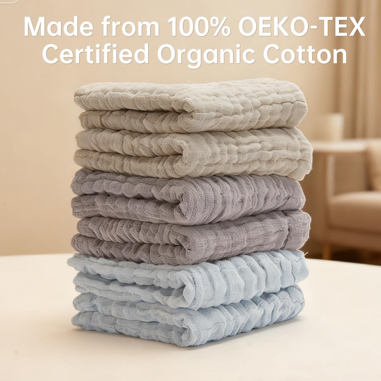 Organic Muslin Baby Washcloths 6 Pack Baby Bath Face Towel 12x12 Inch Extra Absorbent and Soft Burp Cloth and Wash Cloths for Newborn-Infants On Sensitive Skin (Blue Brown Grey)