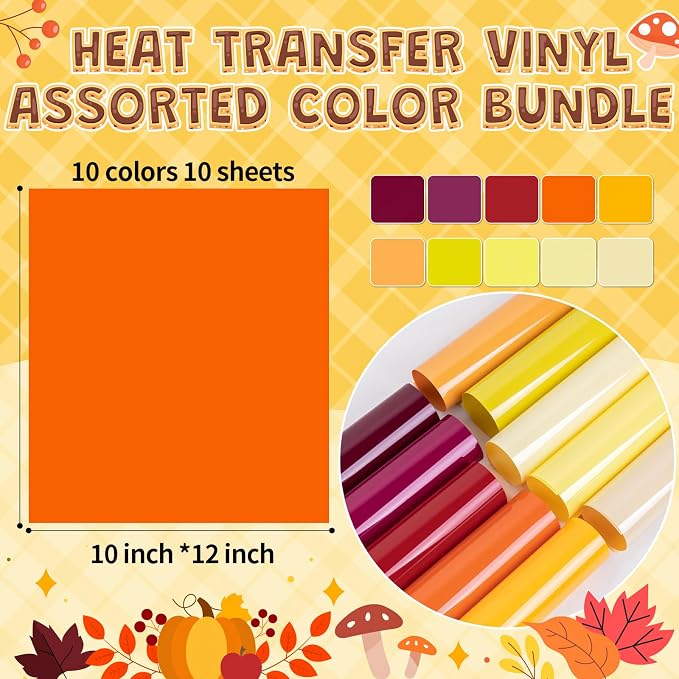 VINYL FROG 10 Sheets Fall Heat Transfer Vinyl Bundle 12"x10" Maroon & Orange &