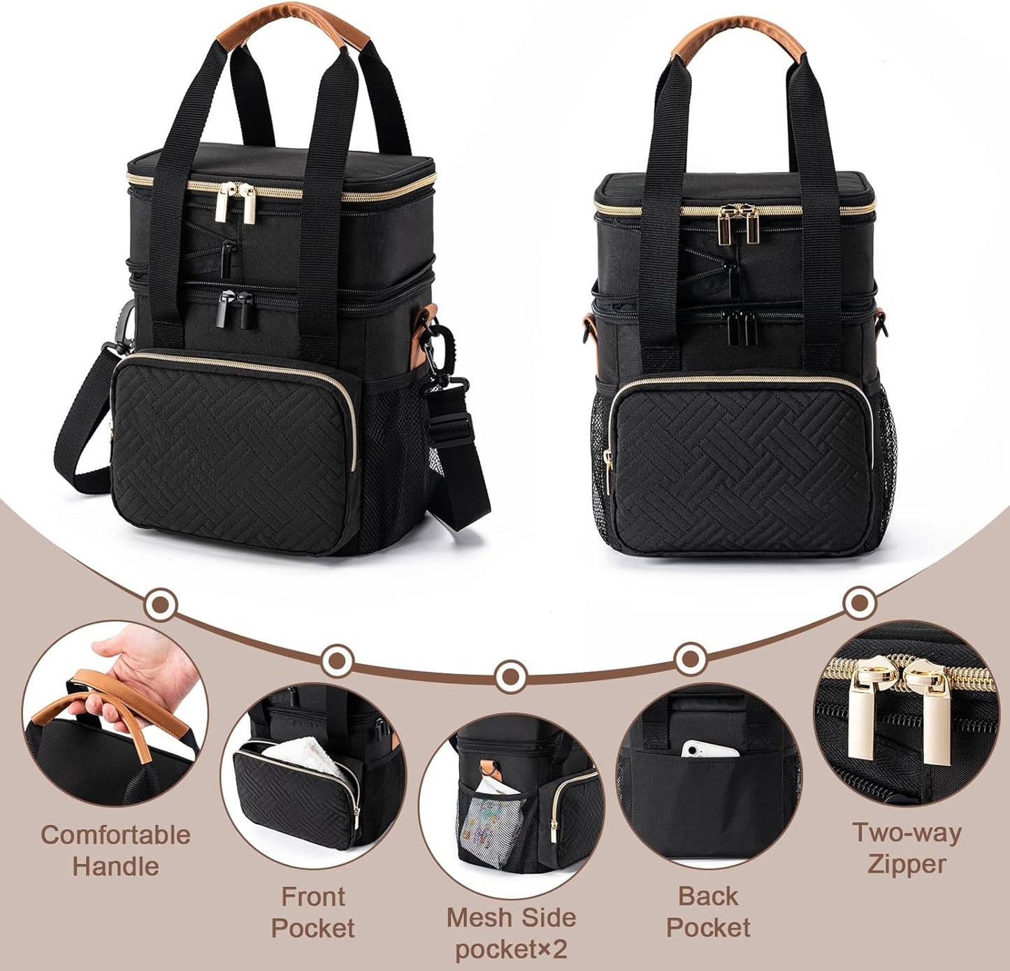 Breastmilk Cooler Bag with Ice Pack Fits 6 Baby Bottles Up to 9 Ounce, Expandable Double-layer Leak-Proof Cooler Bag with Shoulder Strap for Nursing & Working Mom, Black