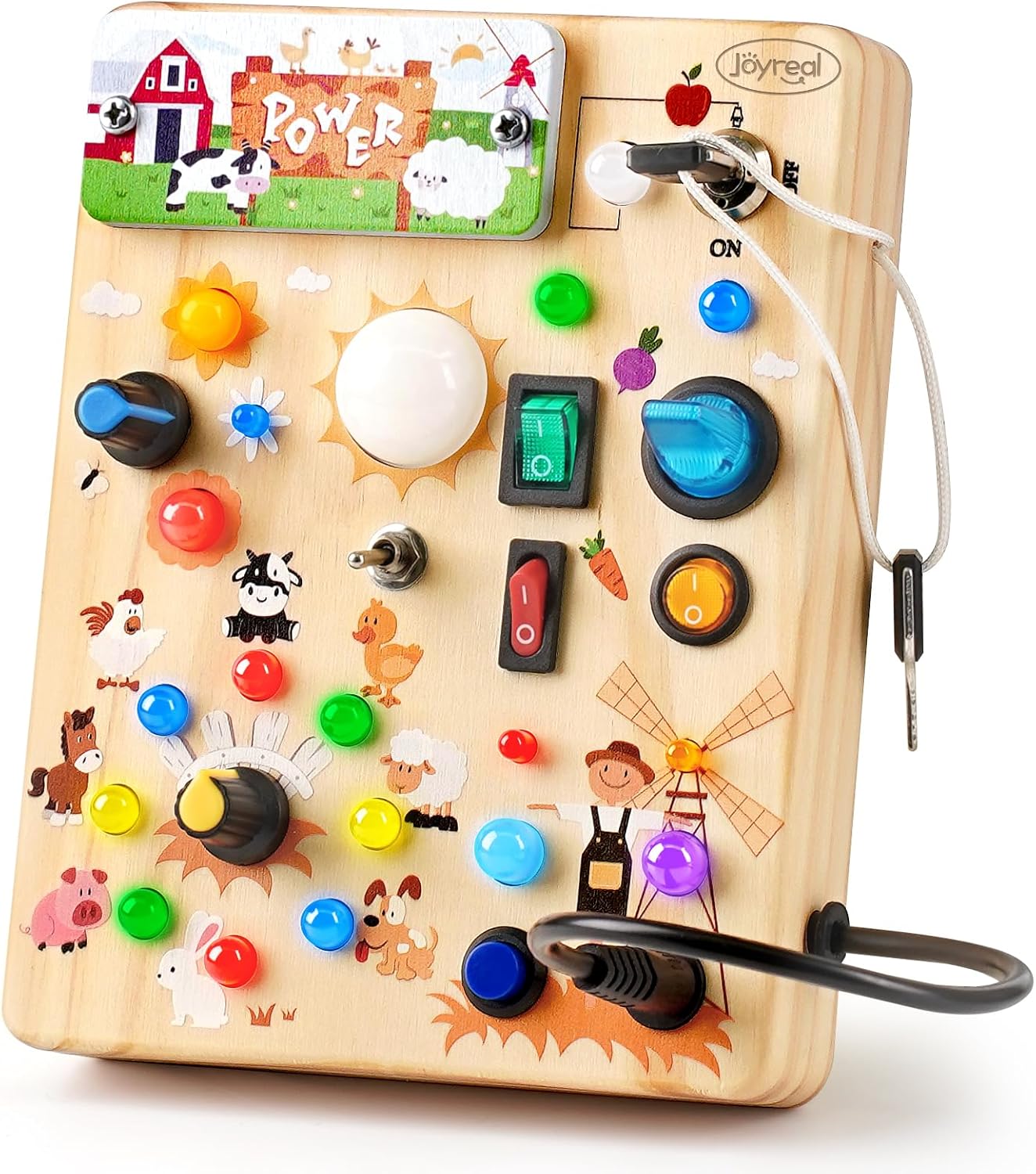 Joyreal Montessori Busy Board Wooden Sensory Toys for Toddler with LED Light Up Switch, Baby Fidget Board Travel Toys for 18+ Months, 1 2 3 Year Old Boys Girls Toddler Toy Gifts (Farm)