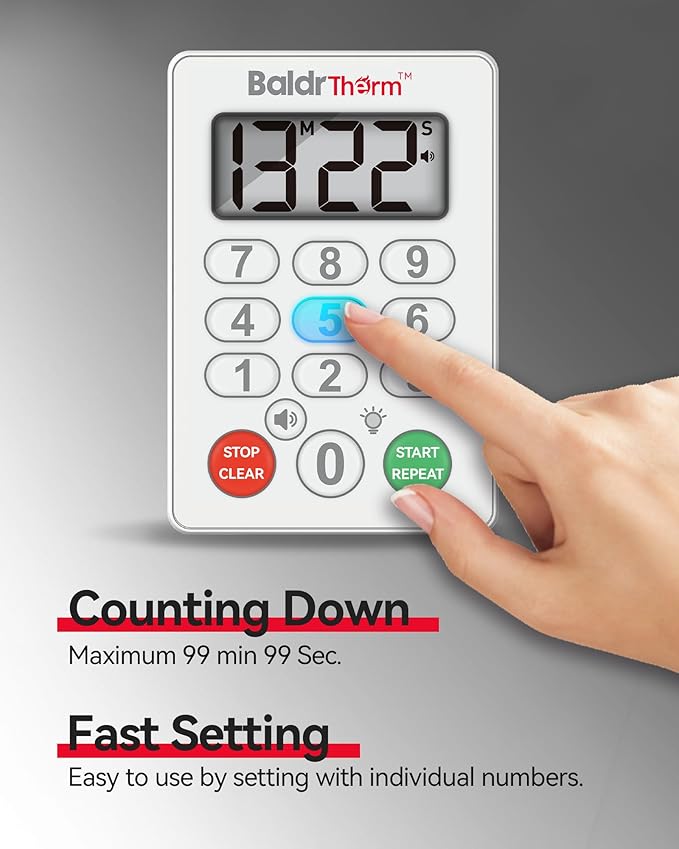 BaldrTherm Digital Kitchen Timer, Magnetic Waterproof Countdown Timer for Cooking, Shower, Workout, Classroom, Hair Color Processing, White.