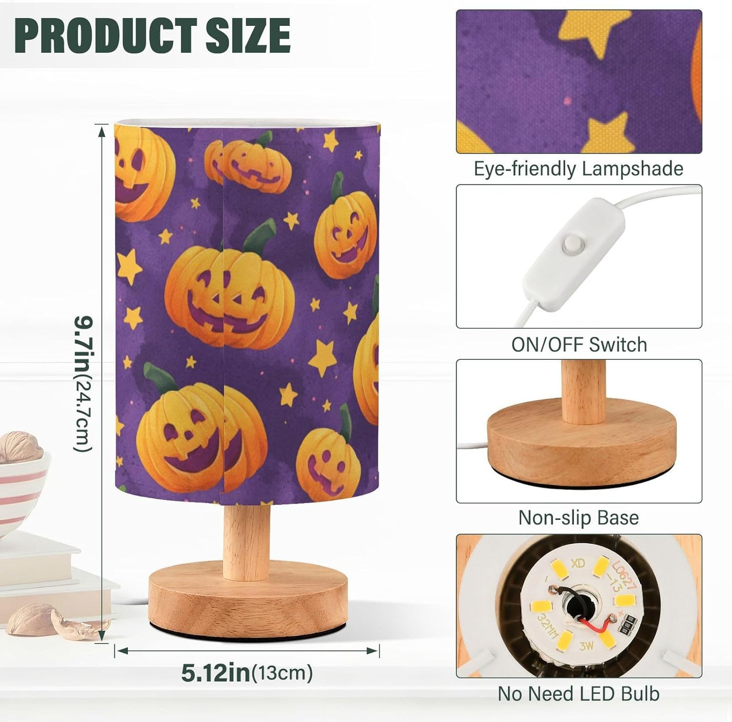 Halloween Evil Pumpkins Table Lamp Bedroom Bedside Night Reading Desk Lamps Cylinder Nightstand Sleeping Light Lamp for Kids Living Room Office Decor