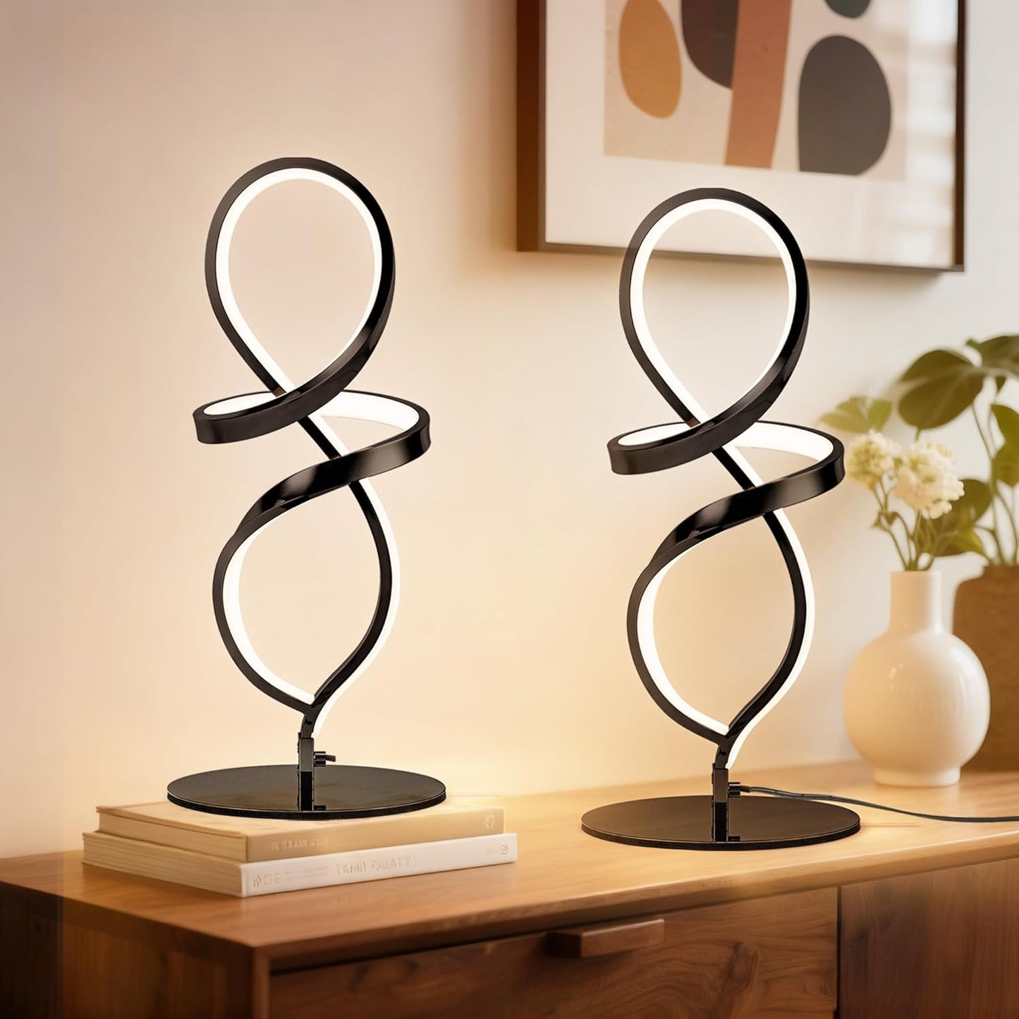 Mayful Modern Lamp with LED Spiral Design, Bedside Lamp with Stepless Dimming Switch, Contemporary Nightstand & Black Table Lamp for Bedroom, Living Room, Home Office, 12W 3200K Warm White,2 Pack