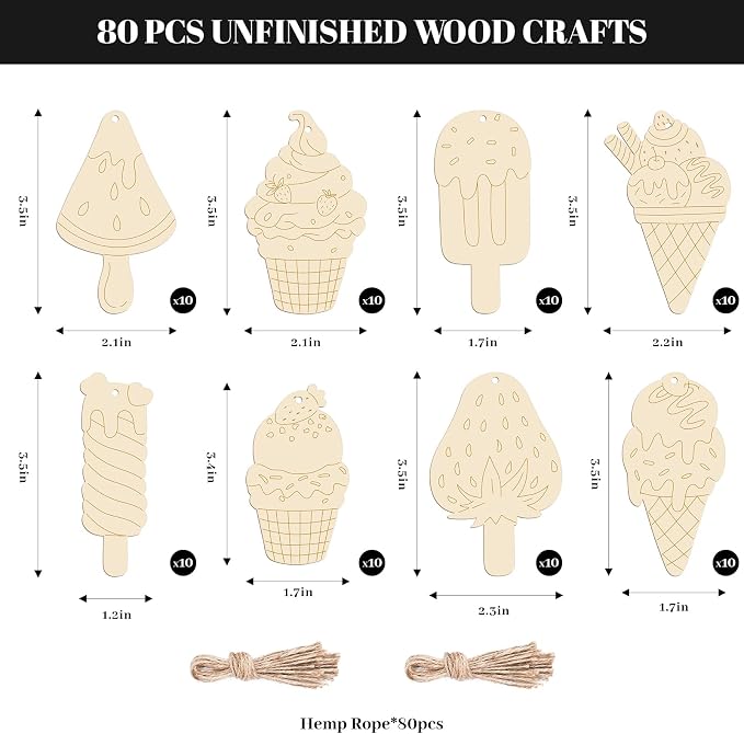 Subacy 80 PCS Unfinished Wood Cutouts 8 Styles DIY Wooden Spring Ornaments