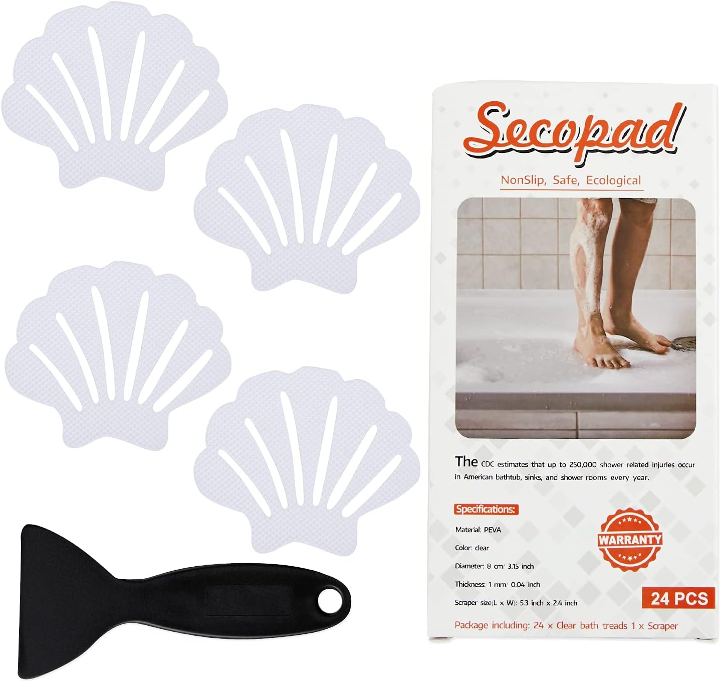 Non-Slip Bathtub Stickers, 24 PCS Shell Safety Bathroom Tubs Showers Treads Adhesive Decals Scraper (Clear)